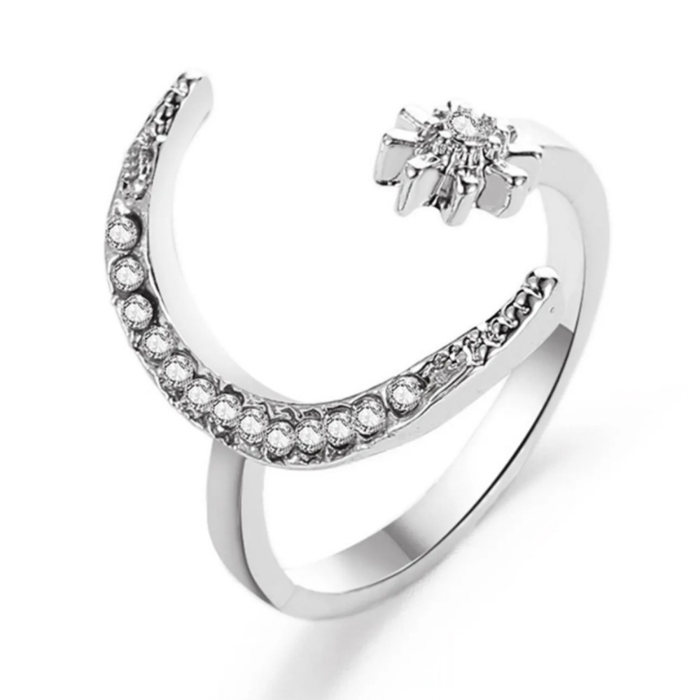 Moon Star Ring Silver Tone Rhinestone Adjustable